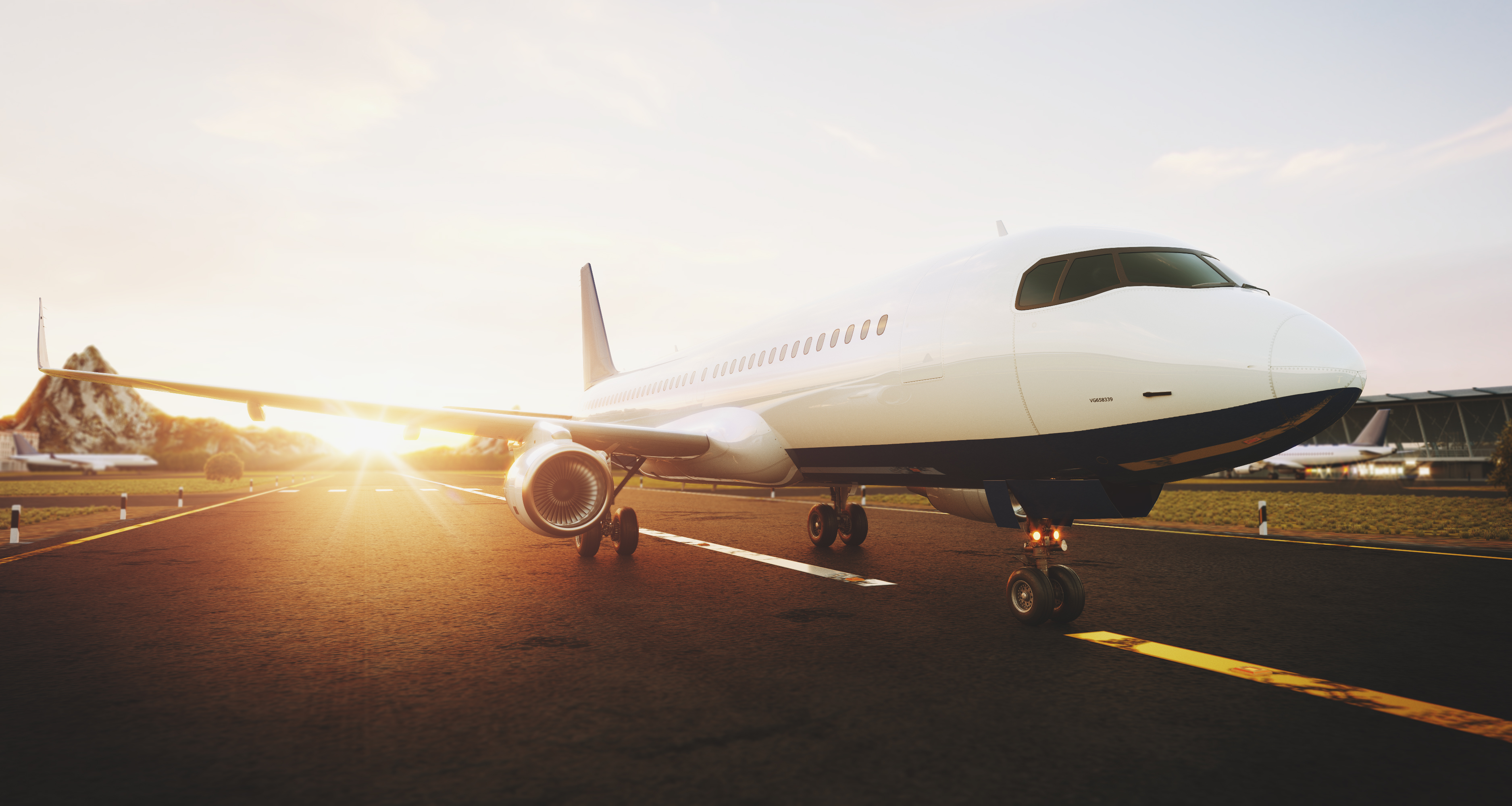 White commercial airplane standing on the airport runway at sunset. Passenger airplane is taking off. Airplane concept 3D illustration.